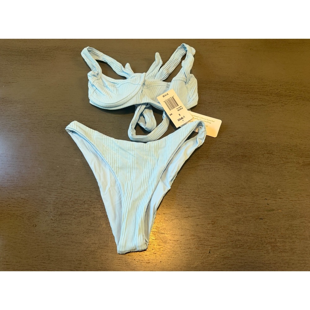 l*space Light Blue Ribbed Bikini TOP ONLY